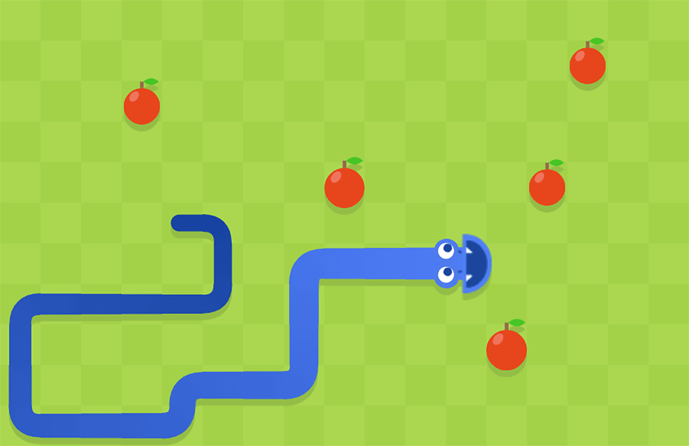Le Google Snake game, avec un serpent bleu qui ondule dans un champ de pixels verts, à la recherche de pommes rouges à croquer.