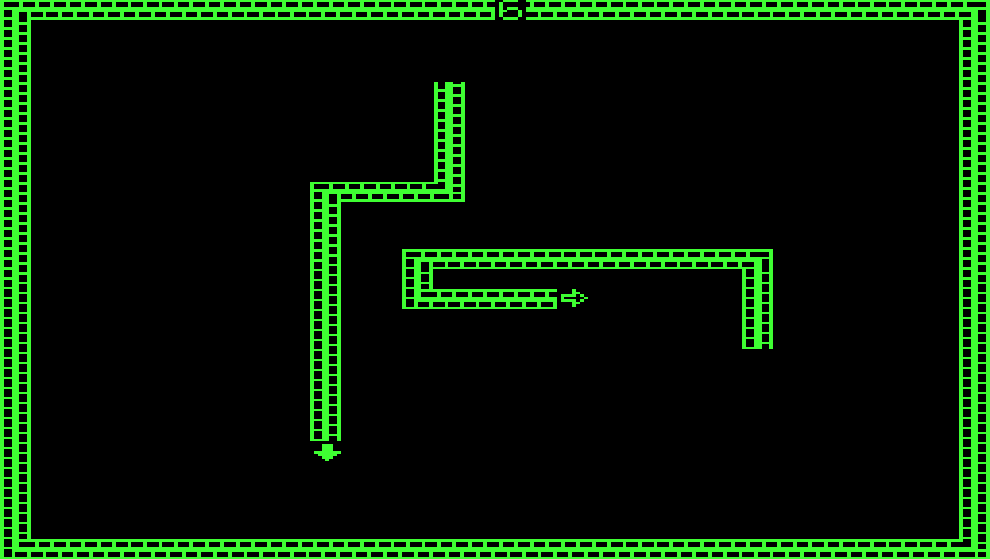 Capture d'écran du jeu Blockade de 1976 de Gremlin, avec deux serpents visibles dans l'espace.