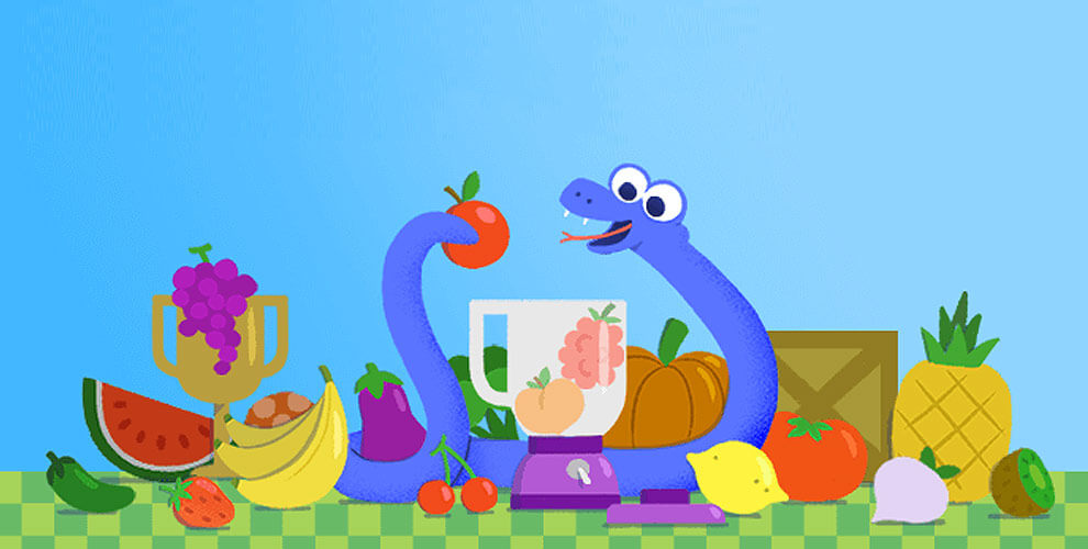La mascotte Google Snake avec un assortiment de fruits et un mixeur.