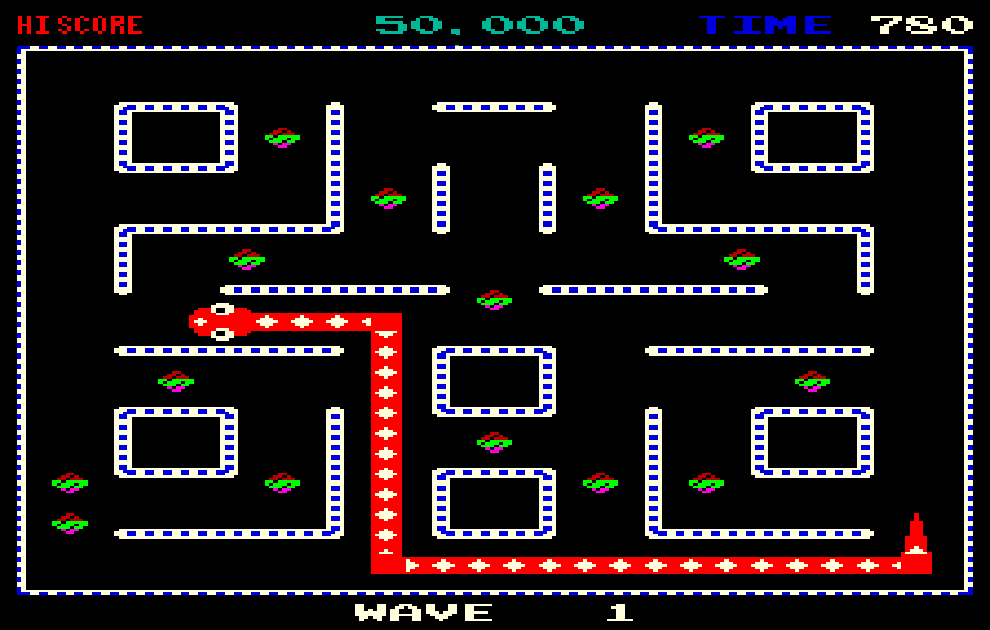 Capture d'écran du Nibbler Rock-Ola de 1982 montrant un serpent qui ondule à travers un labyrinthe de style Pac-Man.