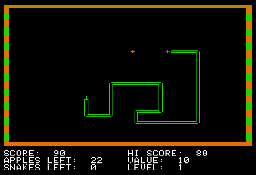Capture d'écran du jeu Snake Byte de 1982 de Sirius Software montrant un serpant se déplaçant vers une pomme.