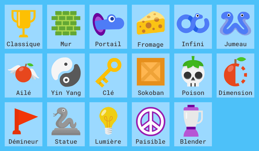 Aperçu de tous les modes que vous pouvez sélectionner dans le jeu snake.